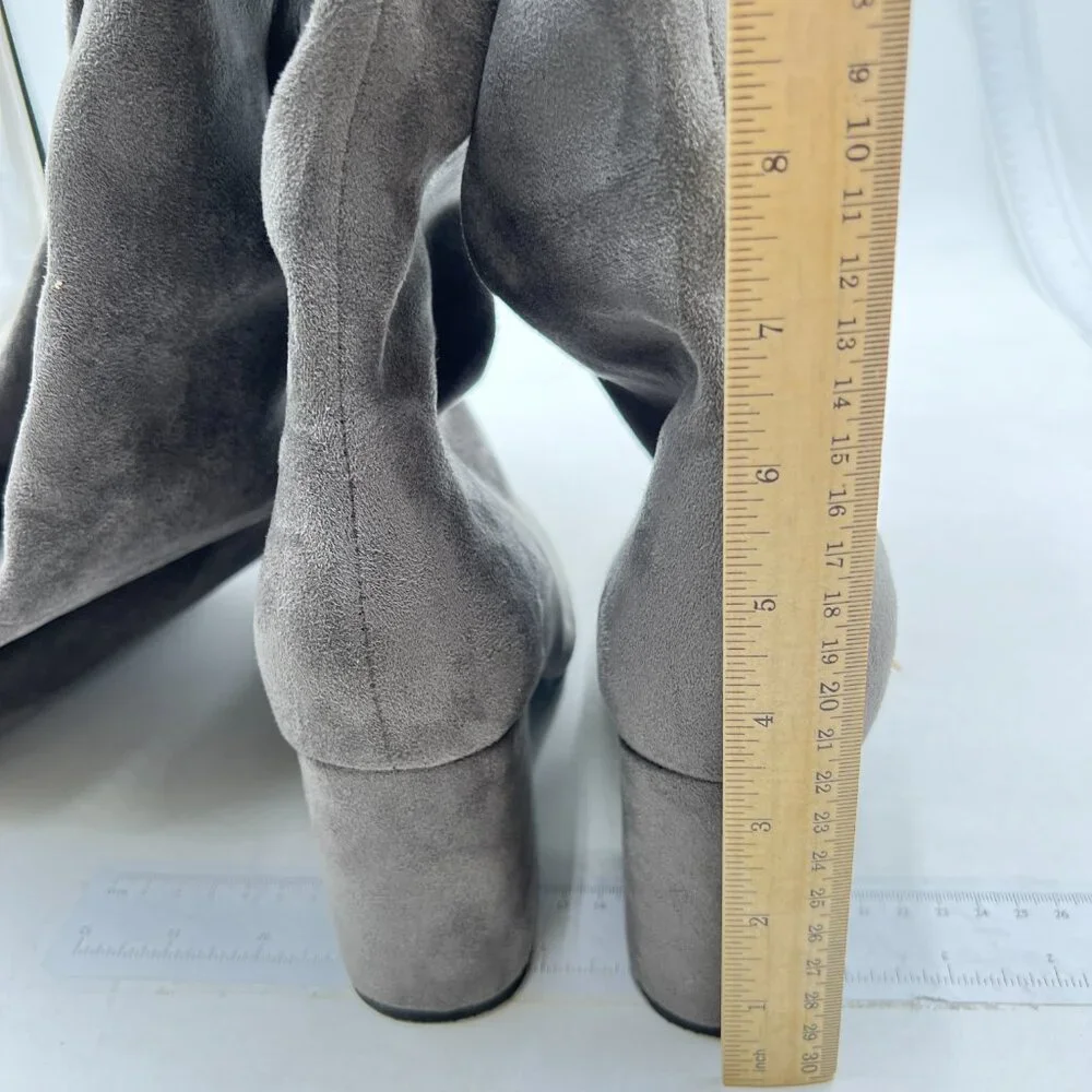 Grey Women Over The Knee High Boots Square Toe Low Chunky Heels Side Zipper Shoe